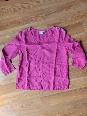 Hot Cotton Pink Coastal Chic Linen V-Neck Dopamine 3/4 Sleeve Top Size S